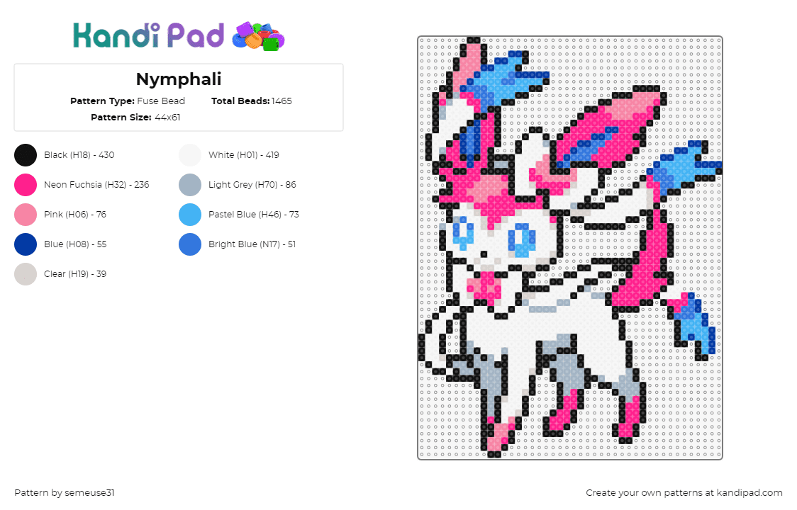 Nymphali - Fuse Bead Pattern by semeuse31 on Kandi Pad - sylveon,pokemon,evolution,eevee,character,gaming,cute,white,pink,blue