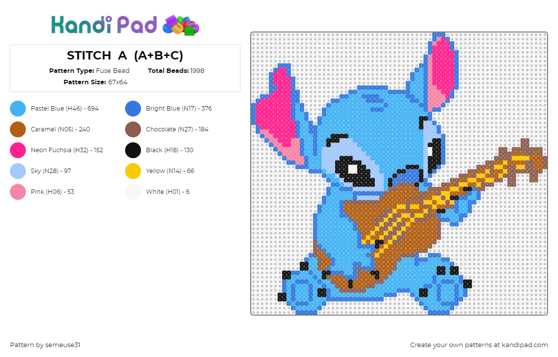 STITCH  A  (A+B+C) - Fuse Bead Pattern by semeuse31 on Kandi Pad - stitch,ukulele,guitar,character,cute,lilo and stitch,disney,movie,music,instrument,blue,pink,brown