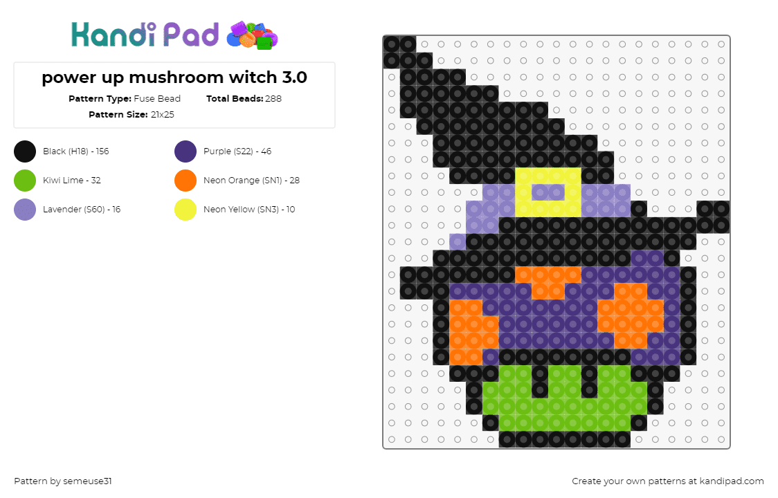 Mushroom witch - Fuse Bead Pattern by semeuse31 on Kandi Pad - witch,mushroom,halloween,costume,mario,nintendo,purple,green,black