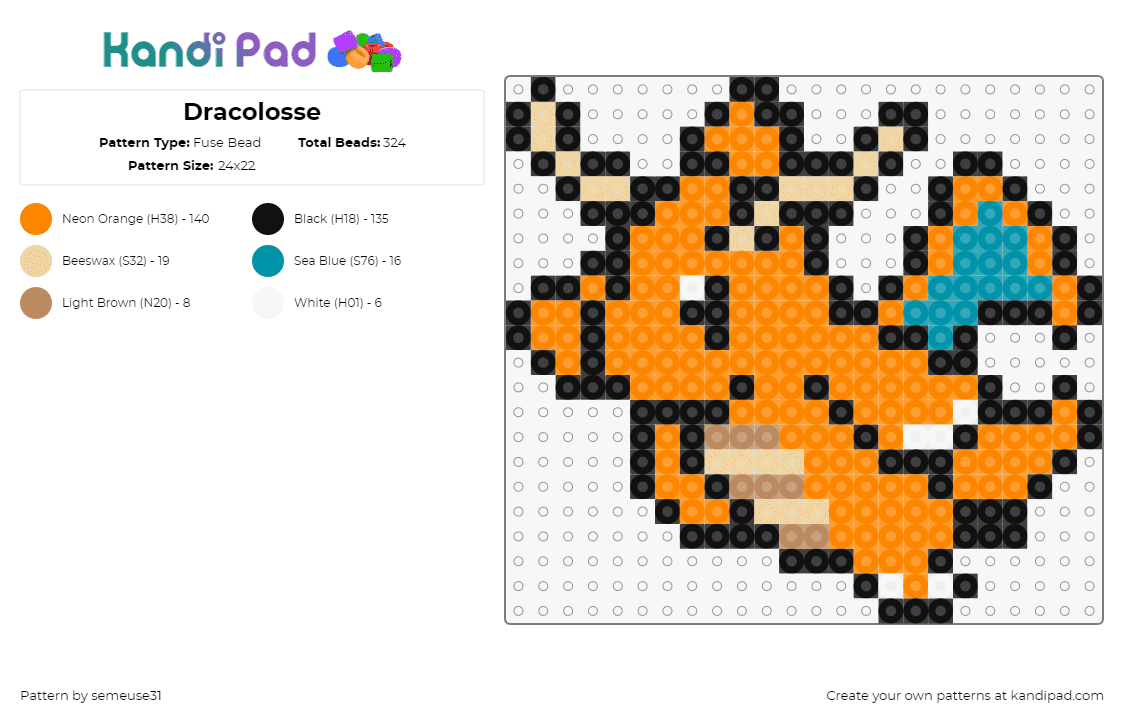 Dracolosse - Fuse Bead Pattern by semeuse31 on Kandi Pad - dragonite,pokemon,character,gaming,orange