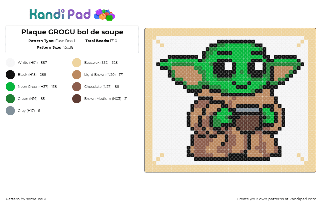 Plaque GROGU bol de soupe - Fuse Bead Pattern by semeuse31 on Kandi Pad - grogu,baby yoda,character,star wars,coffee,cute,scifi,soup,jedi,movie,green,tan