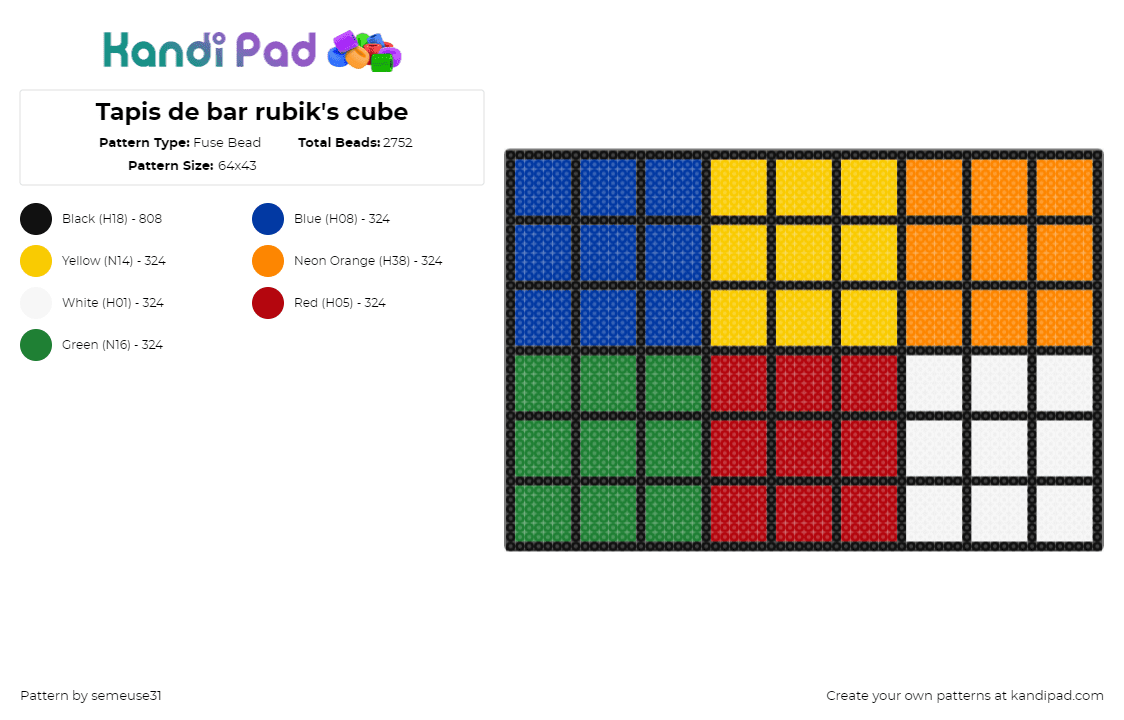 Tapis de bar rubik\'s cube - Fuse Bead Pattern by semeuse31 on Kandi Pad - rubiks cube,puzzle,colorful,tapestry,blue,yellow,orange,green,red