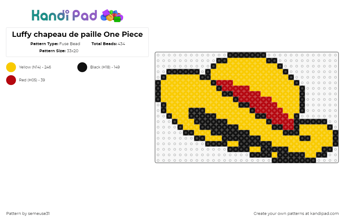 Luffy chapeau de paille One Piece - Fuse Bead Pattern by semeuse31 on Kandi Pad - straw hat,one piece,monkey d luffy,anime,clothing,tv show,yellow,red