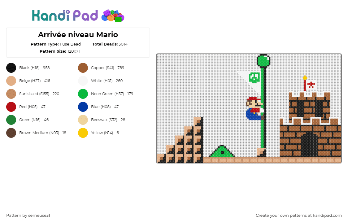 Arrivée niveau Mario - Fuse Bead Pattern by semeuse31 on Kandi Pad - castle,flag,mario,level,nintendo,video game,brown,black,tan,green