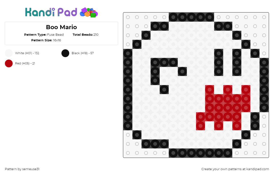 Boo Mario - Fuse Bead Pattern by semeuse31 on Kandi Pad - boo,ghost,mario,character,nintendo,video game,white,red