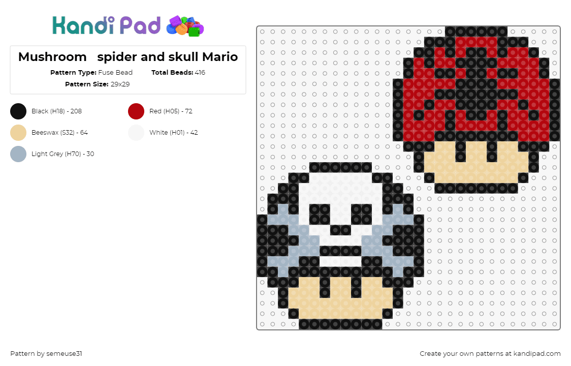 Mushroom   spider and skull Mario - Fuse Bead Pattern by semeuse31 on Kandi Pad - mushrooms,skull,crossbones,spider,mario,nintendo,video game,gray,red,black,tan