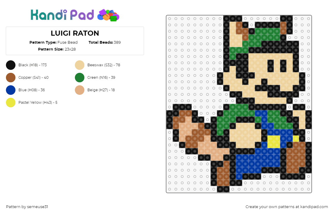 LUIGI RATON - Fuse Bead Pattern by semeuse31 on Kandi Pad - luigi,tanooki,raccoon,mario,nintendo,character,video game,tail,green,tan,blue