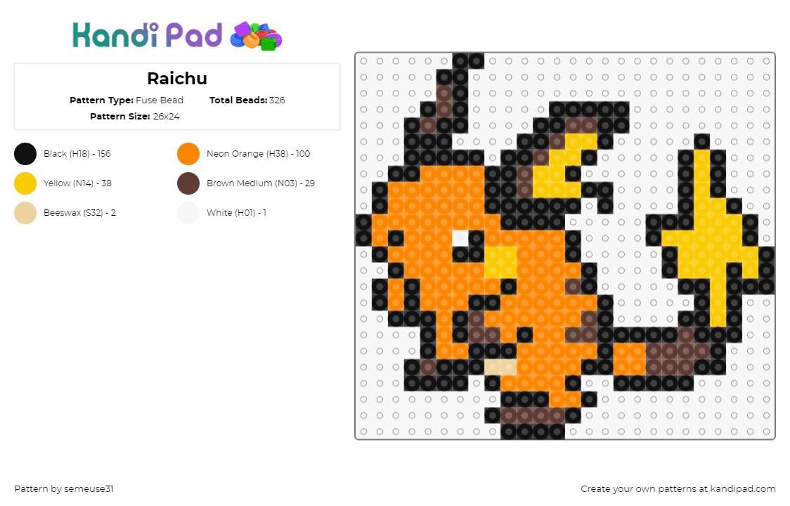 Raichu - Fuse Bead Pattern by semeuse31 on Kandi Pad - raichu,pokemon,character,evolution,gaming,pikachu,orange,brown,yellow