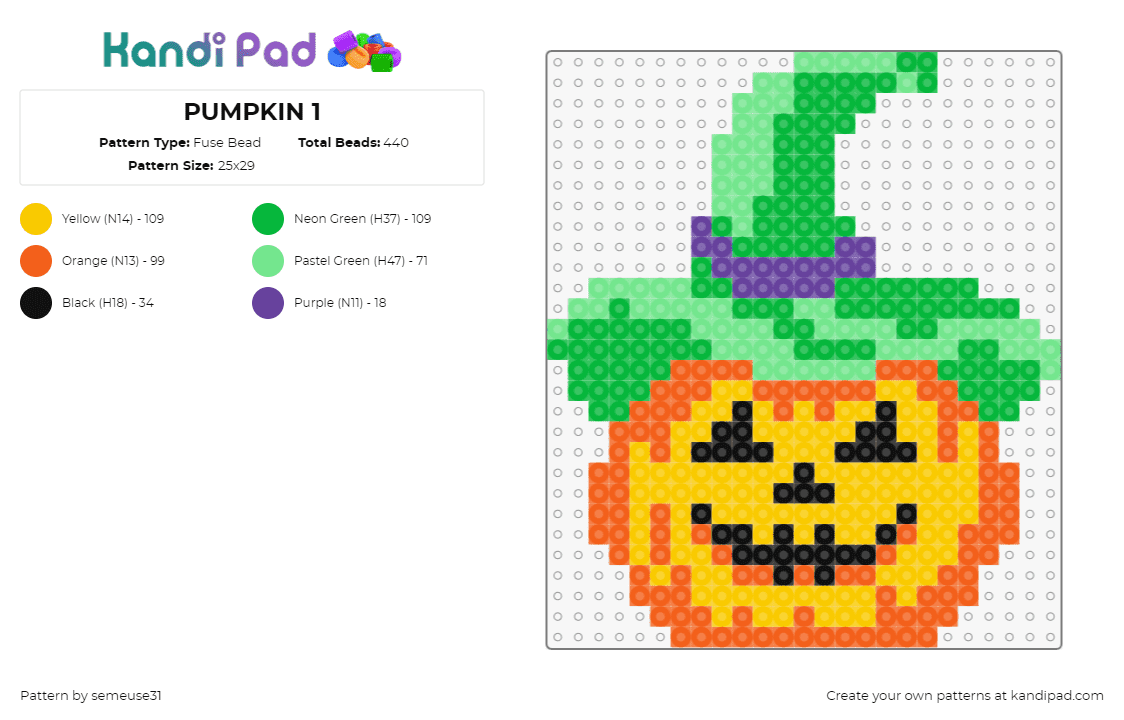 PUMPKIN 1 - Fuse Bead Pattern by semeuse31 on Kandi Pad - jackolantern,pumpkin,hat,witch,halloween,orange,green