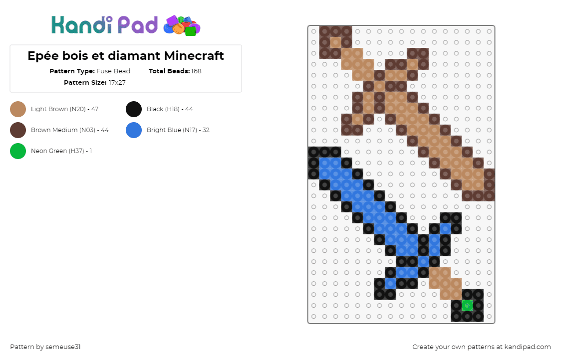 Epée bois et diamant Minecraft - Fuse Bead Pattern by semeuse31 on Kandi Pad - swords,minecraft,weapons,video game,blue,brown,tan