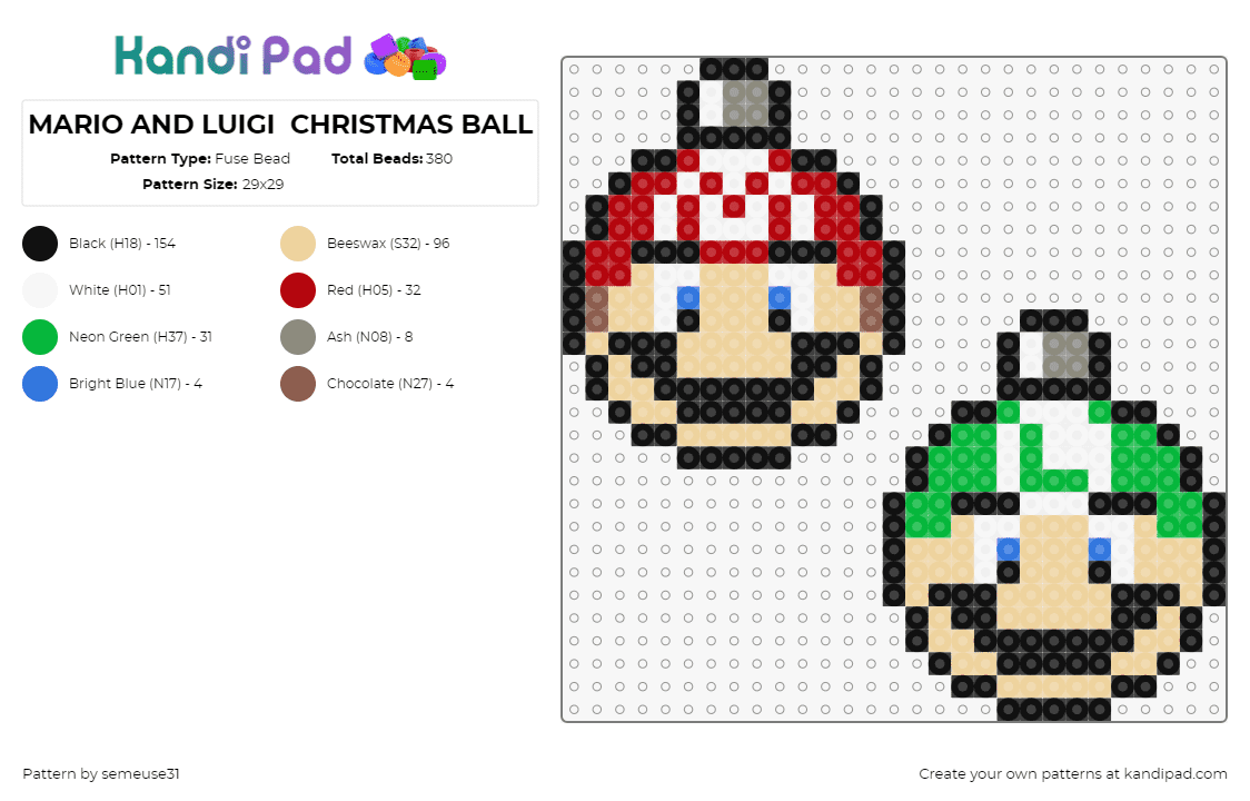 MARIO AND LUIGI  CHRISTMAS BALL - Fuse Bead Pattern by semeuse31 on Kandi Pad - mario,luigi,christmas,ornaments,nintendo,tan,red,green