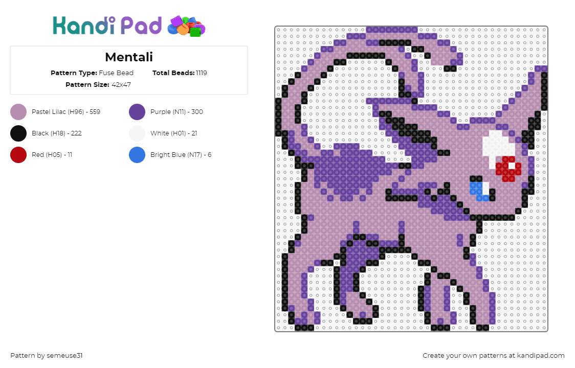 Mentali - Fuse Bead Pattern by semeuse31 on Kandi Pad - umbreon,pokemon,character,gaming,evolution,eevee,purple