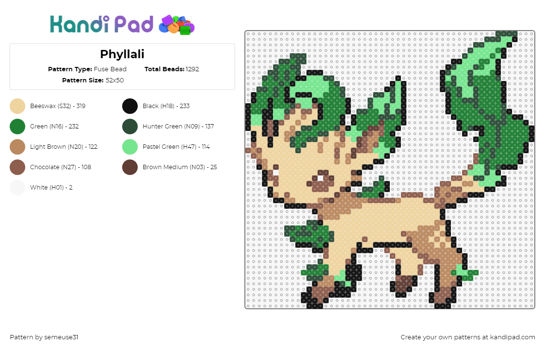 Phyllali - Fuse Bead Pattern by semeuse31 on Kandi Pad - leafeon,pokemon,character,gaming,evolution,eevee,green,tan