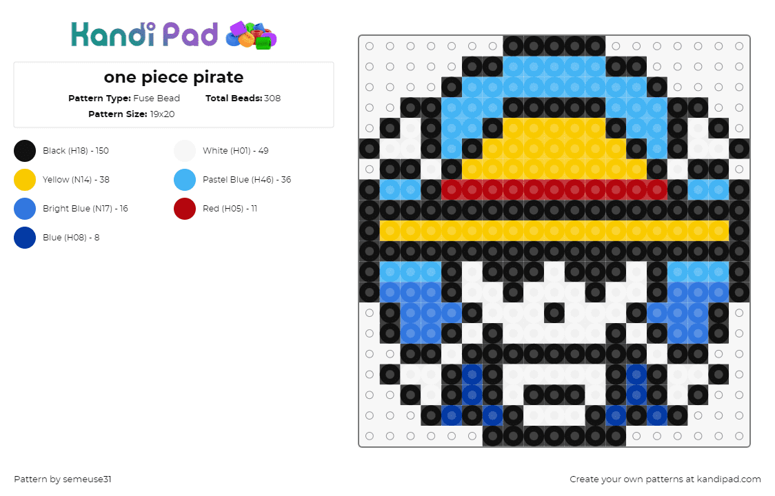 one piece pirate - Fuse Bead Pattern by semeuse31 on Kandi Pad - one piece,straw hat,pirates,jolly roger,skull,anime,tv show,yellow,red,white,blue