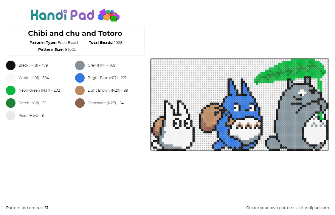 Chibi and chu and Totoro - Fuse Bead Pattern by semeuse31 on Kandi Pad - chu,chibi,my neighbor totoro,characters,leaf,anime,movie,ghibli,cute,white,blue,gray,tan,green