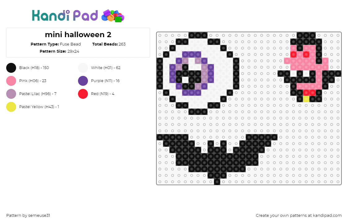 mini halloween 2 - Fuse Bead Pattern by semeuse31 on Kandi Pad - halloween,charms,spooky,vampire,dracula,bat,eyeball,colorful,black,pink,white,purple