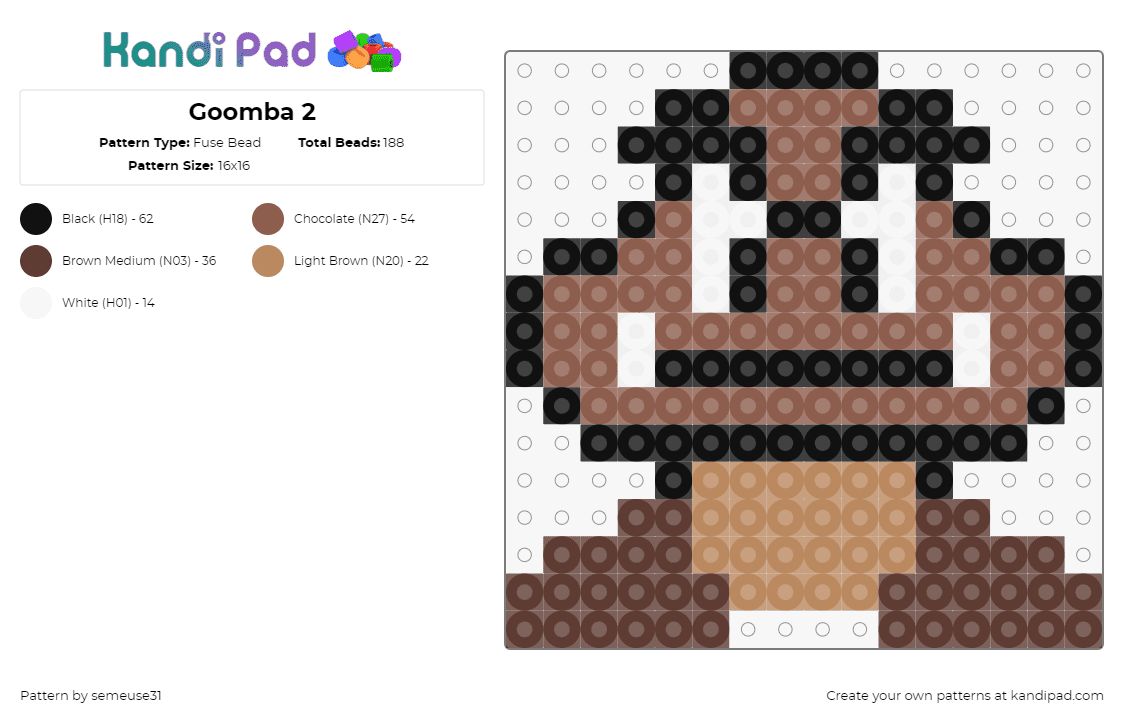 Goomba 2 - Fuse Bead Pattern by semeuse31 on Kandi Pad - goomba,mario,character,video game,nintendo,brown,tan