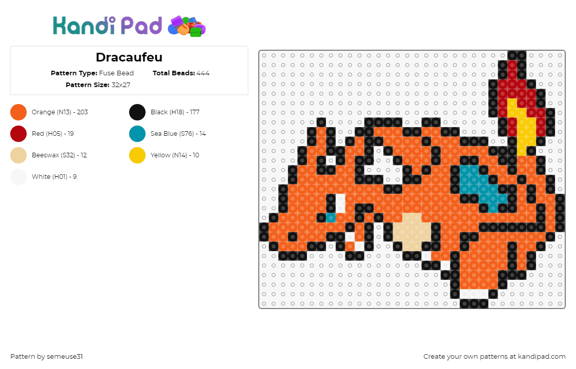 Dracaufeu - Fuse Bead Pattern by semeuse31 on Kandi Pad - charizard,pokemon,evolution,charmander,charmeleon,character,gaming,dragon,fiery,orange