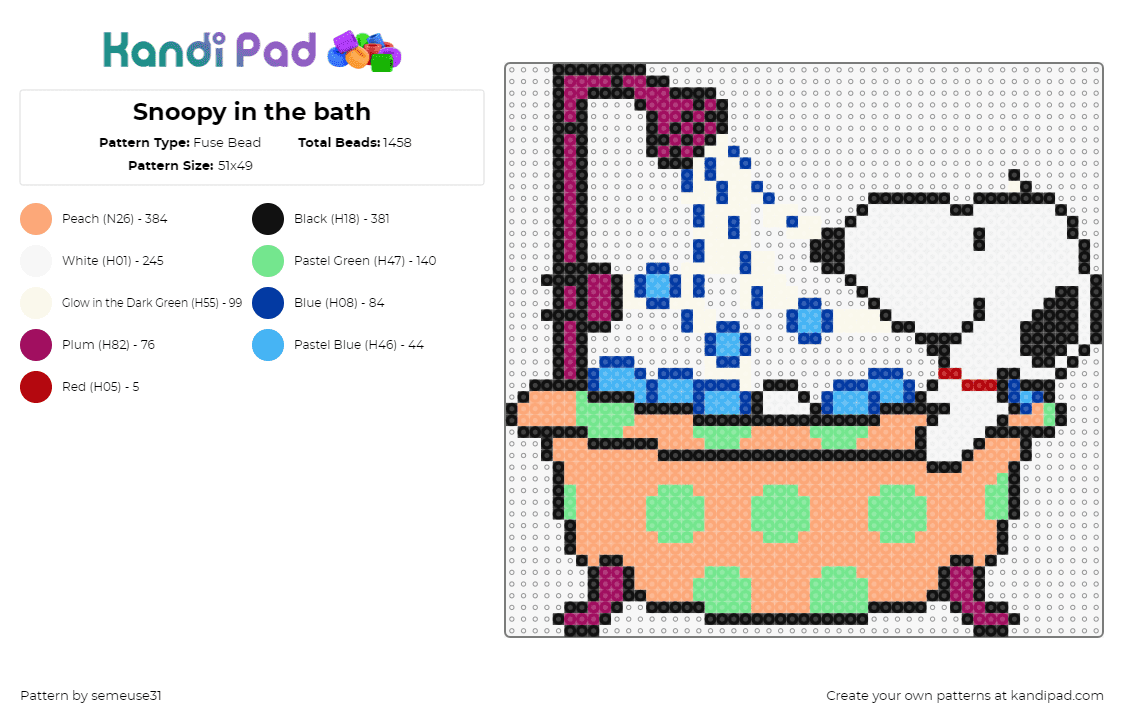 Snoopy in the bath - Fuse Bead Pattern by semeuse31 on Kandi Pad - snoopy,shower,bath,tub,peanuts,character,dog,charlie brown,polka dots,orange,green,white