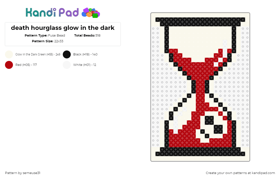 death hourglass glow in the dark - Fuse Bead Pattern by semeuse31 on Kandi Pad - hourglass,blood,skull,horror,death,spooky,halloween,time,clock,red,white