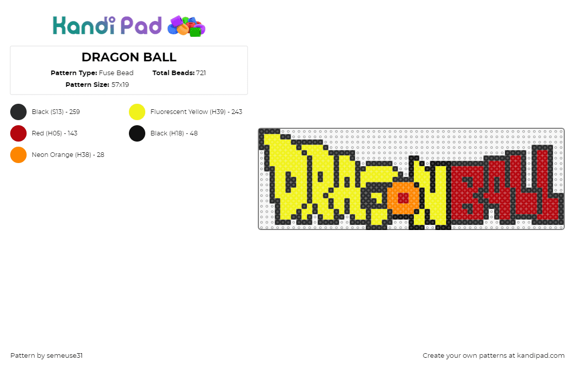 DRAGON BALL - Fuse Bead Pattern by semeuse31 on Kandi Pad - dragon ball z,logo,anime,cartoon,tv show,yellow,red