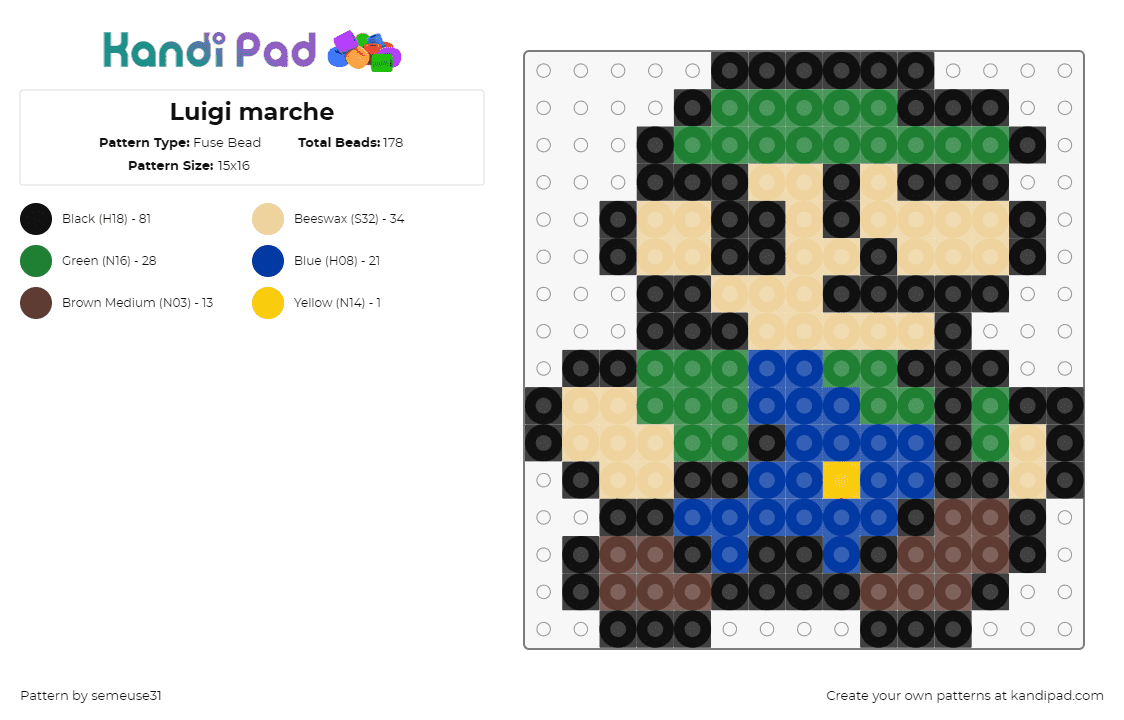 Luigi marche - Fuse Bead Pattern by semeuse31 on Kandi Pad - luigi,mario,nintendo,character,fiery,video game,walking,retro,blue,green,tan