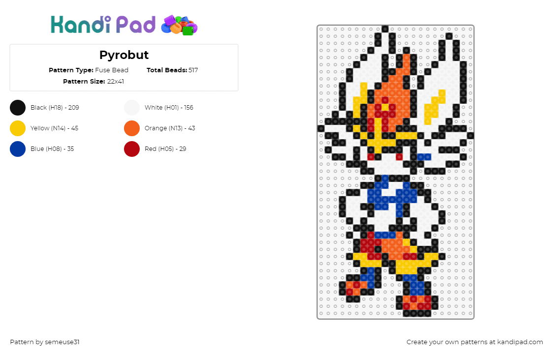 Pyrobut - Fuse Bead Pattern by semeuse31 on Kandi Pad - cinderace,pokemon,character,gaming,rabbit,white,orange,blue