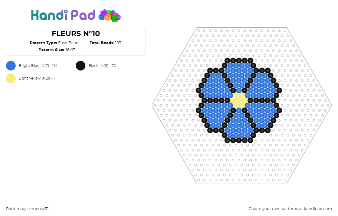 FLEURS N°10 - Fuse Bead Pattern by semeuse31 on Kandi Pad - flower,hexagon,nature,petals,bloom,simple,plants,blue