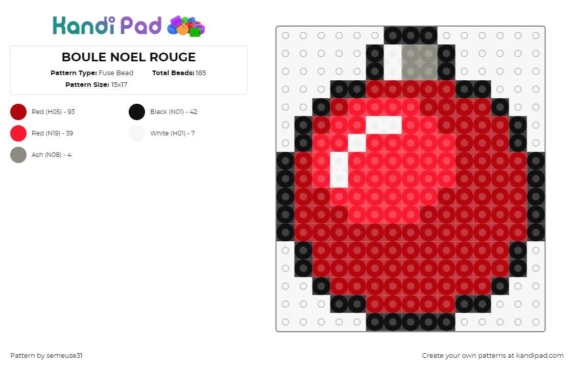 BOULE NOEL ROUGE - Fuse Bead Pattern by semeuse31 on Kandi Pad - ornament,christmas,holiday,decoration,festive,red