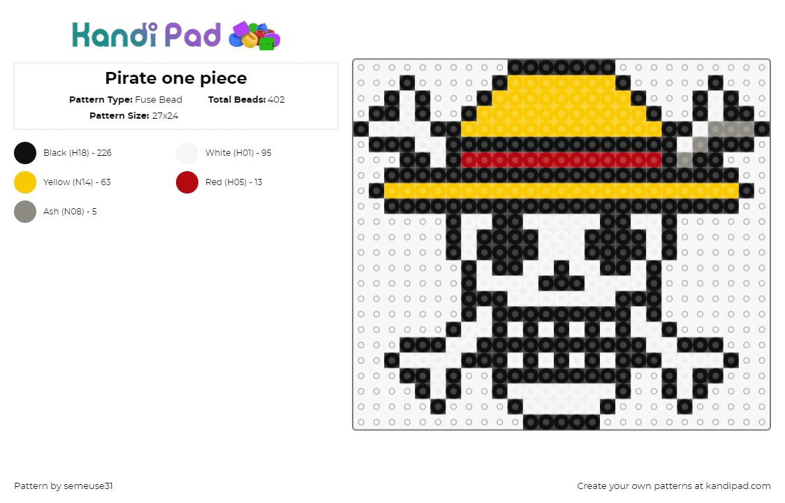 Pirate one piece - Fuse Bead Pattern by semeuse31 on Kandi Pad - jolly roger,one piece,straw hat,pirates,skull,anime,tv show,yellow,red,white