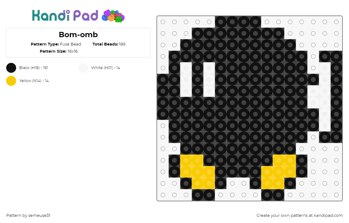 Bobombe Mario - Fuse Bead Pattern by semeuse31 on Kandi Pad - bobomb,mario,nintendo,video game,bomb,black,yellow