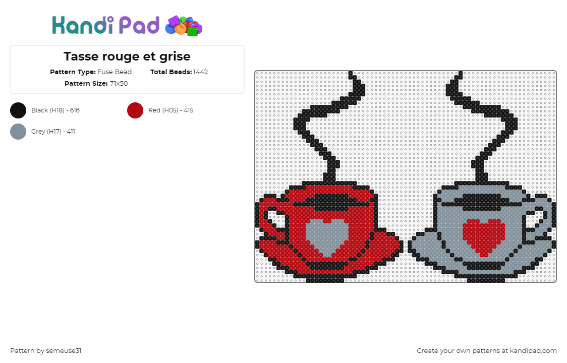 Tasse rouge et grise - Fuse Bead Pattern by semeuse31 on Kandi Pad - tea,coffee,cup,mug,drink,hearts,steam,gray,red