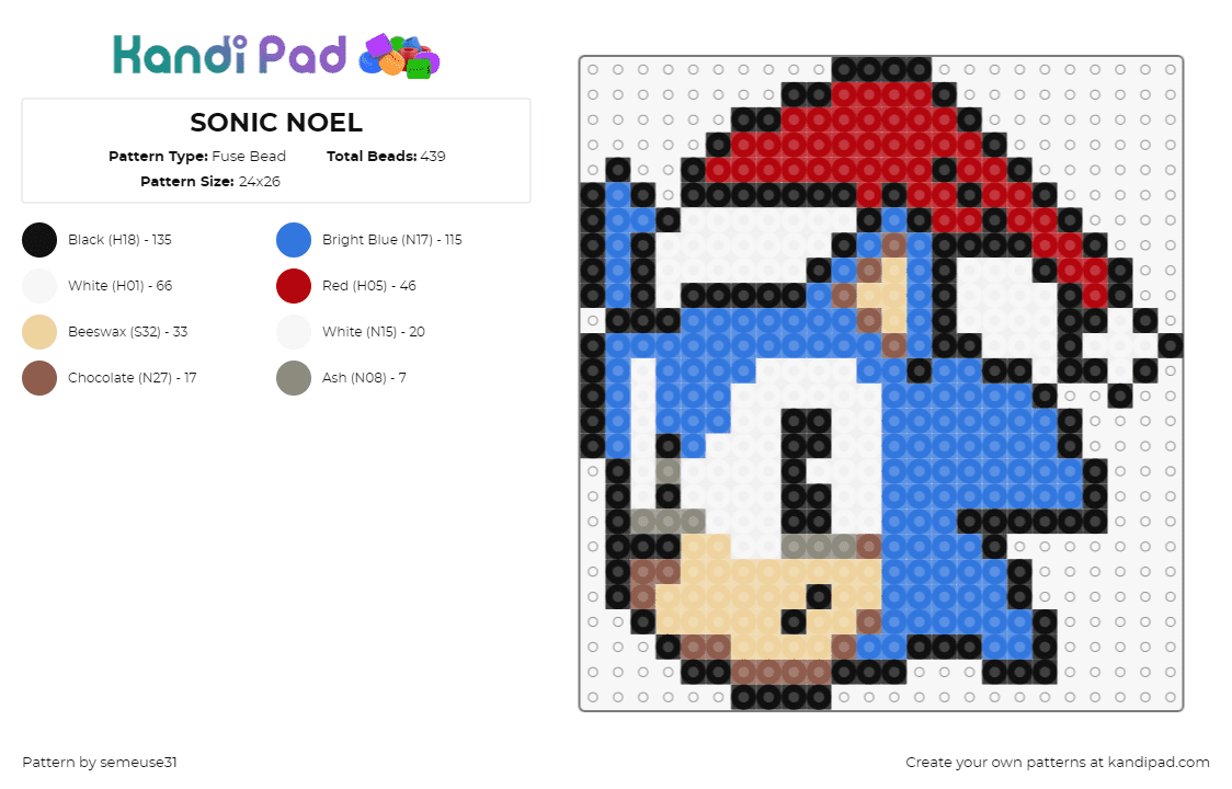 SONIC NOEL - Fuse Bead Pattern by semeuse31 on Kandi Pad - sonic the hedgehog,santa,hat,character,video game,head,festive,christmas,blue,red,white