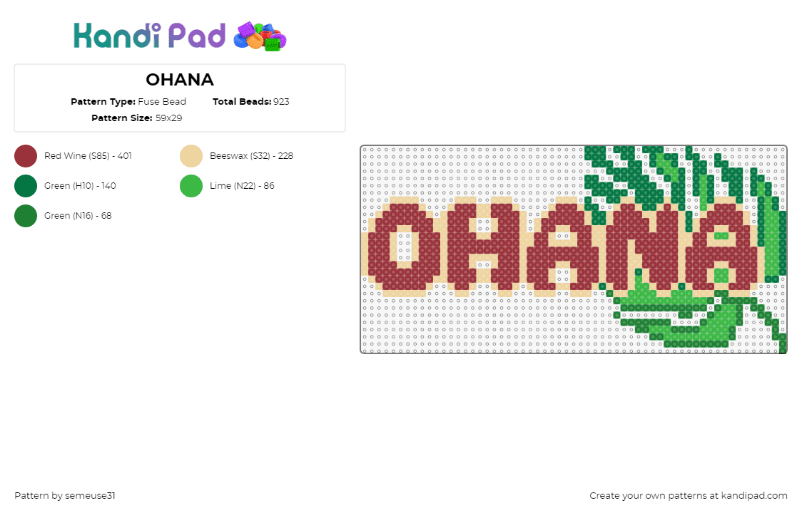 OHANA B (A+B+C) - Fuse Bead Pattern by semeuse31 on Kandi Pad - ohana,text,lilo and stitch,disney,movie,leaf,hawaii,animation,red,green