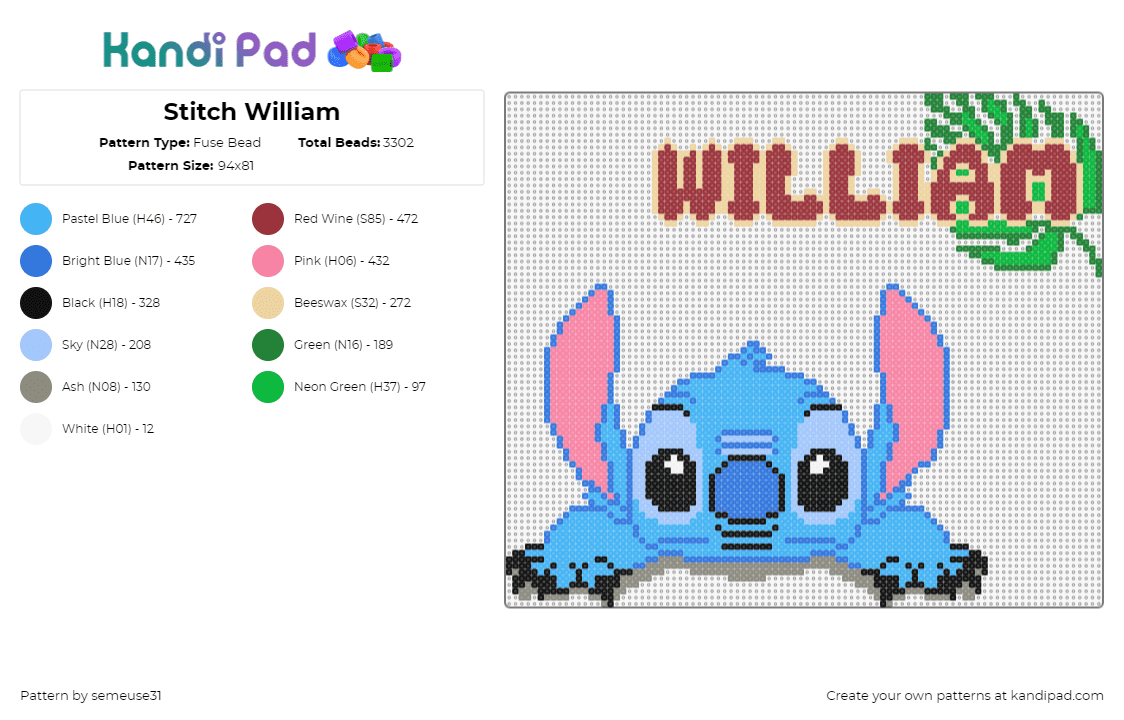 Stitch William - Fuse Bead Pattern by semeuse31 on Kandi Pad - william,stitch,name,character,cute,text,movie,disney,light blue,pink,red