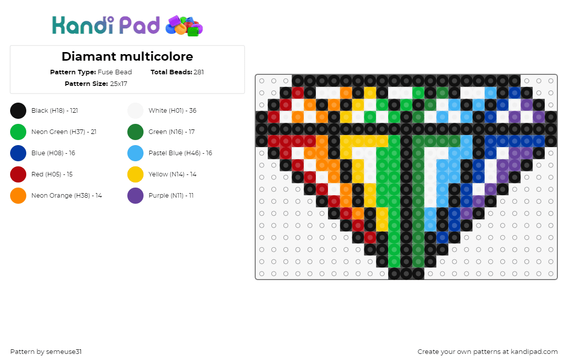 Diamant multicolore - Fuse Bead Pattern by semeuse31 on Kandi Pad - diamond,colorful,gem,rainbow