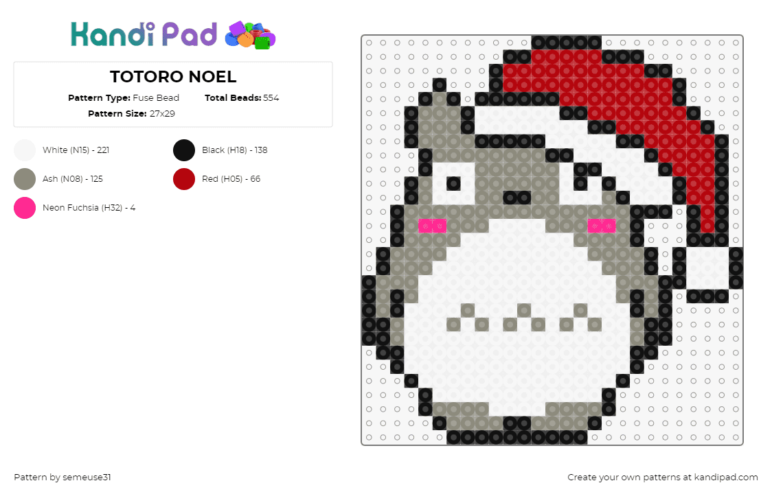 TOTORO NOEL - Fuse Bead Pattern by semeuse31 on Kandi Pad - my neighbor totoro,santa,hat,character,anime,festive,movie,ghibli,christmas,gray,white,red