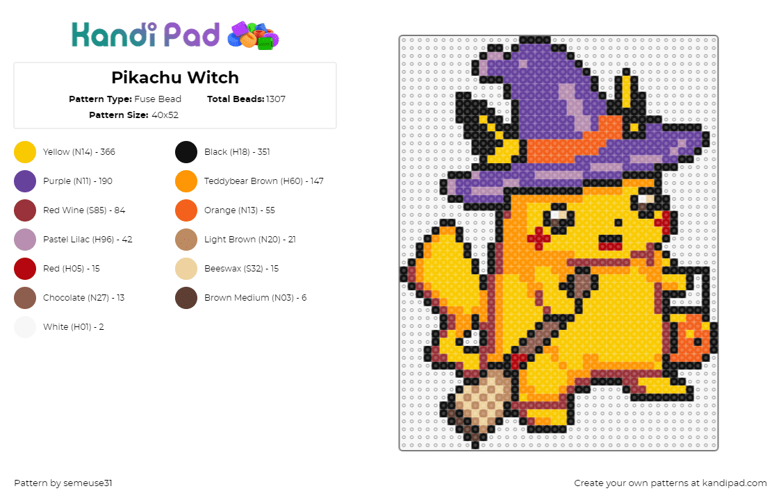 Pikachu Witch - Fuse Bead Pattern by semeuse31 on Kandi Pad - pikachu,witch,costume,hat ,broom,trick or treat,halloween,pokemon,gaming,festive,cute,yellow,purple