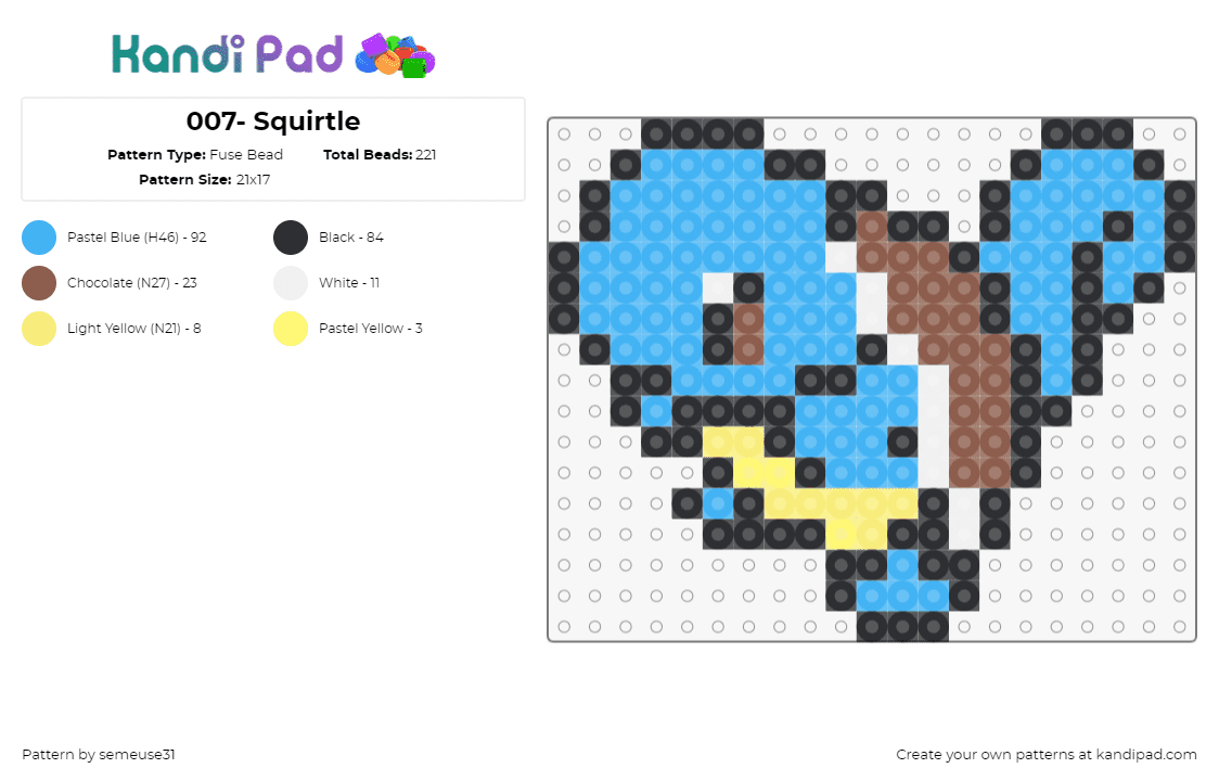 Carapuce - Fuse Bead Pattern by semeuse31 on Kandi Pad - squirtle,pokemon,starter,character,gaming,light blue,brown