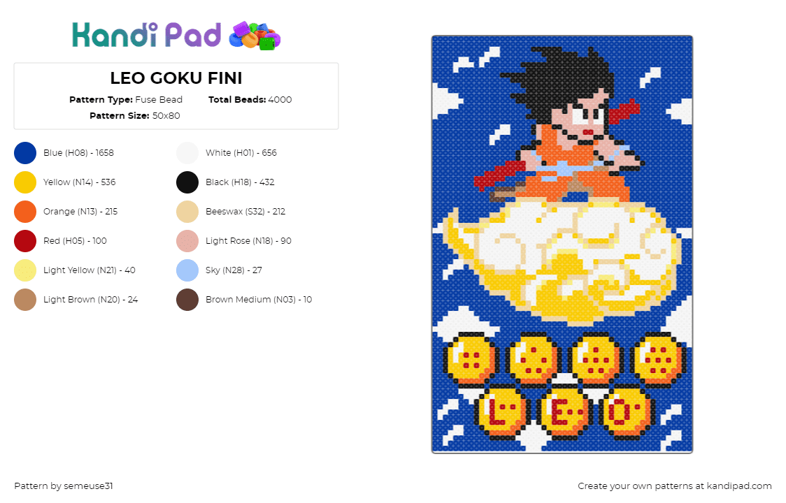 LEO GOKU FINI 3 - Fuse Bead Pattern by semeuse31 on Kandi Pad - goku,flying nimbus,dragon ball z,cloud,anime,character,tv show,sky,white,yellow,orange,blue