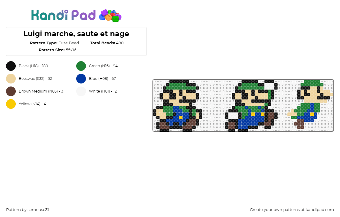 Luigi marche, saute et nage - Fuse Bead Pattern by semeuse31 on Kandi Pad - luigi,nintendo,mario,character,fiery,video game,walk,jump,sprite,retro,blue,green,tan