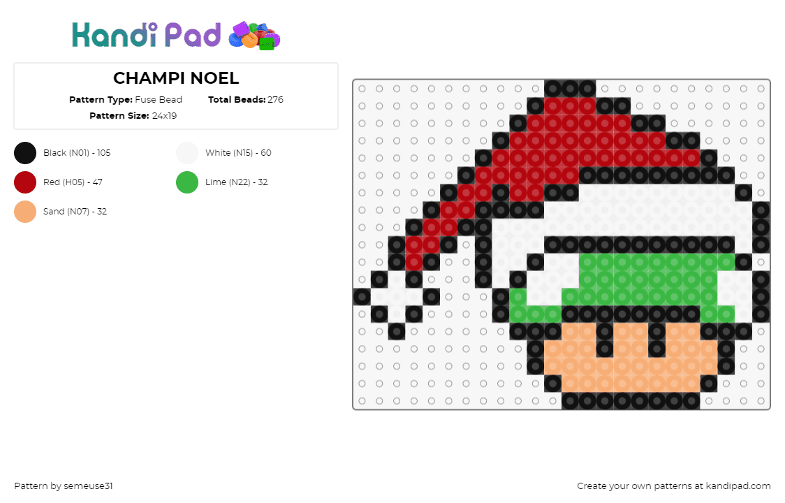 CHAMPI NOEL - Fuse Bead Pattern by semeuse31 on Kandi Pad - 1up,santa,christmas,mario,mashup,hat,nintendo,festive,video game,red,green,tan,w