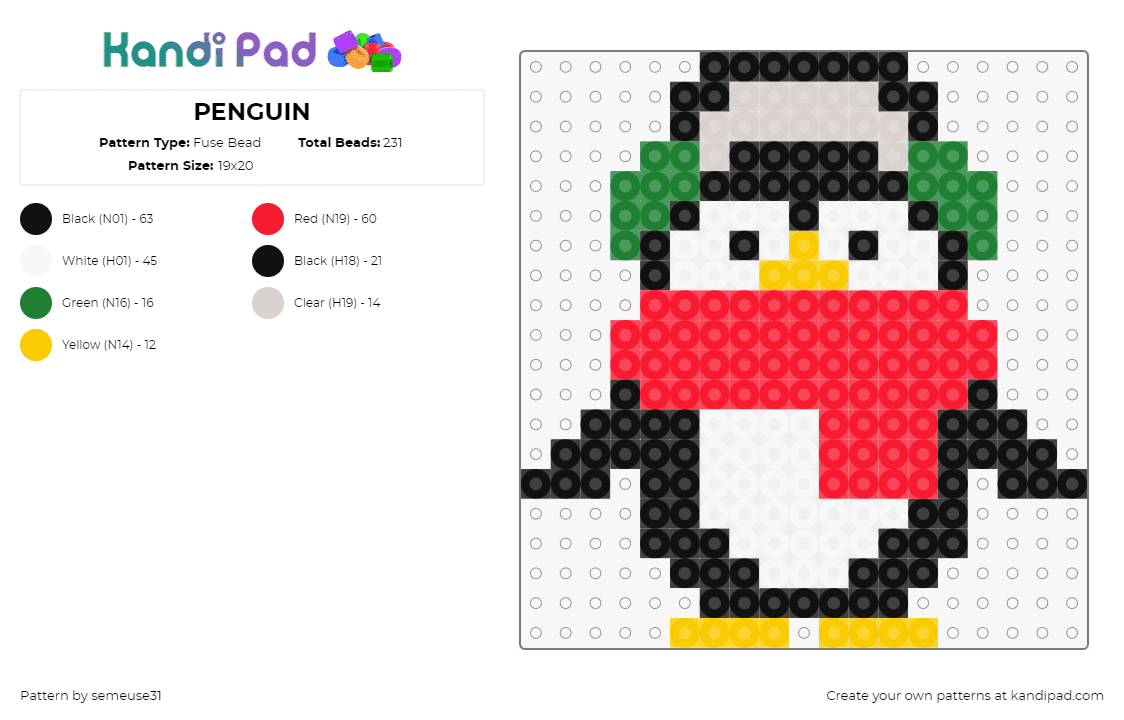 PENGUIN - Fuse Bead Pattern by semeuse31 on Kandi Pad - penguin,winter,earmuffs,character,animal,cute,scarf,red,black,white,green