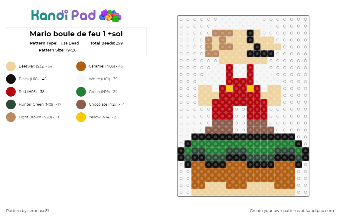 Mario boule de feu 1 +sol - Fuse Bead Pattern by semeuse31 on Kandi Pad - mario,nintendo,character,platform,video game,classic,retro,red,white,green,tan