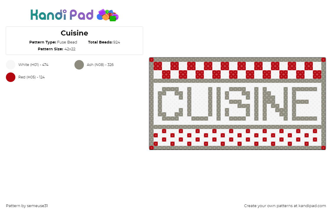 Cuisine - Fuse Bead Pattern by semeuse31 on Kandi Pad - cuisine,sign,text,checkered,red,white,gray