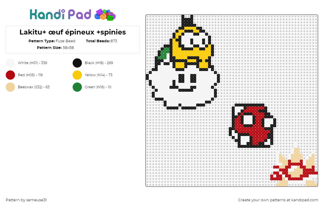 Lakitu+ œuf épineux +spinies - Fuse Bead Pattern by semeuse31 on Kandi Pad - lakitu,spiny,cloud,turtle,koopa,mario,nintendo,video game,spiky,red,white,yellow