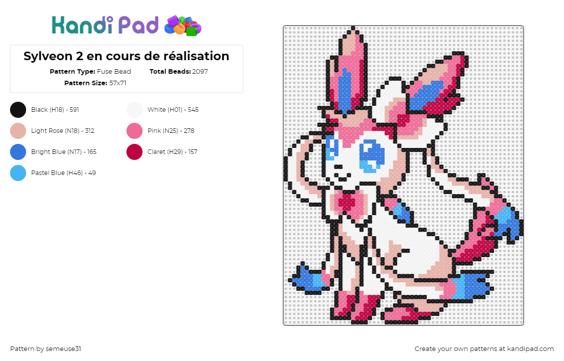 Sylveon 2 - Fuse Bead Pattern by semeuse31 on Kandi Pad - sylveon,pokemon,character,gaming,evolution,eevee,cute,pink,light blue,white