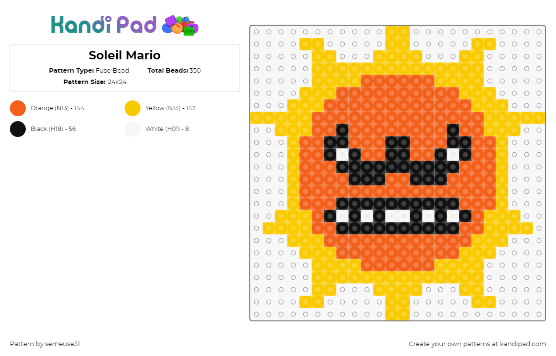 Soleil Mario - Fuse Bead Pattern by semeuse31 on Kandi Pad - sun,angry,mario,video game,nintendo,orange,yellow