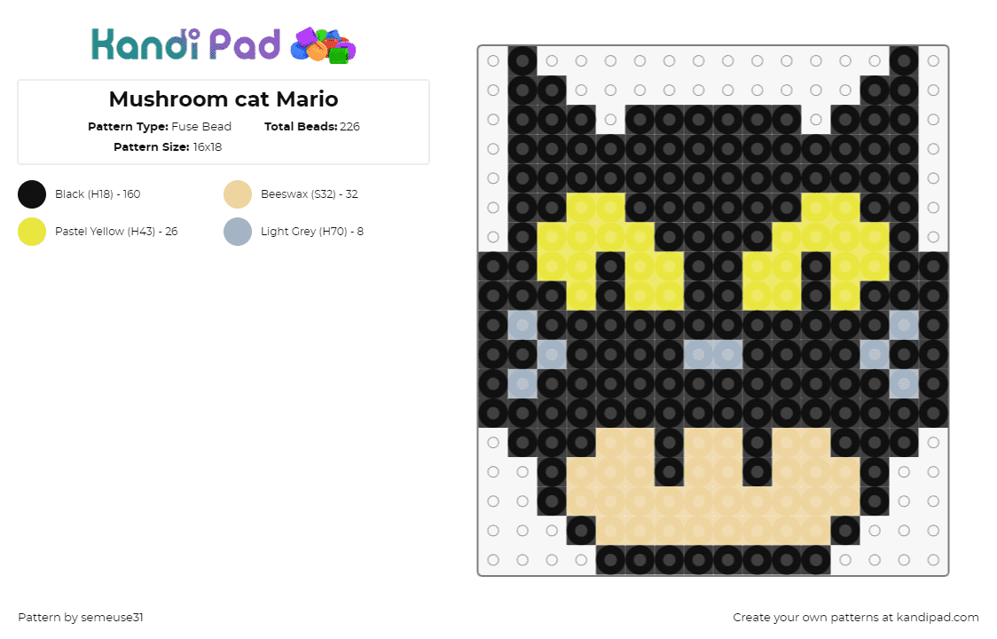 Mushroom cat Mario - Fuse Bead Pattern by semeuse31 on Kandi Pad - cat,mushroom,mario,nintendo,mashup,video game,tan,black,yellow