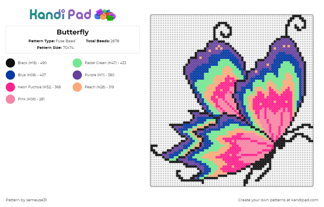 Butterfly - Fuse Bead Pattern by semeuse31 on Kandi Pad - butterfly,insect,bright,colorful,winged,pink,purple,green